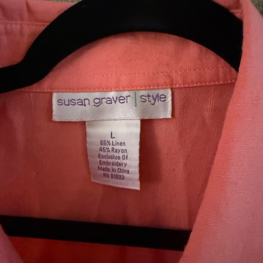 Susan Graver Pink Floral Appliqué Linen Blend Button Shirt L Coastal Cottagecore - Picture 5 of 5